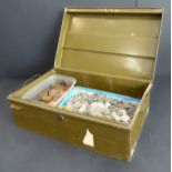 A metal strongbox containing 9.3 kg of mostly GV and EVII pennies and halfpennies and 2.7 kg of