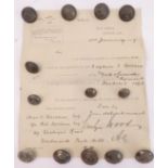 Thirteen mostly late 19th century tunic buttons and War Office document 'Medals 16' (02/01/1899)