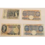 Two blue £5 notes and a mid-20th century 'Emergency Issue' £1 note and a facsimile £1 note.