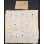 A set of eight hand-stitched 8 cm wine-glass coaster doilies, decorated with roosters, together with