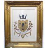 A 19th century gilded and gouache armorial crest with the motto 'Malo Mori Quam Faedari' ('Death