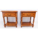 A pair of modern cherrywood bedside-style tables: each with thumbnail moulded top above single