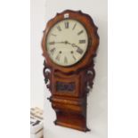 A 19th century drop-dial walnut and marquetry eight-day wall-hanging clock: cream enamel dial with