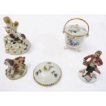 Four pieces of mostly 19th century porcelain: an early-style Staffordshire inkwell spill-vase