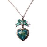 A silver and enamel pendant of bow and heart shape, on later silver chain