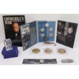 A mixed lot comprising: an Imperial War Museum boxed set of six Churchill commemorative coins, '