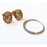 A pair of 9-carat gold cameo stud earrings and a 9-carat gold ring set with 16 small diamonds,