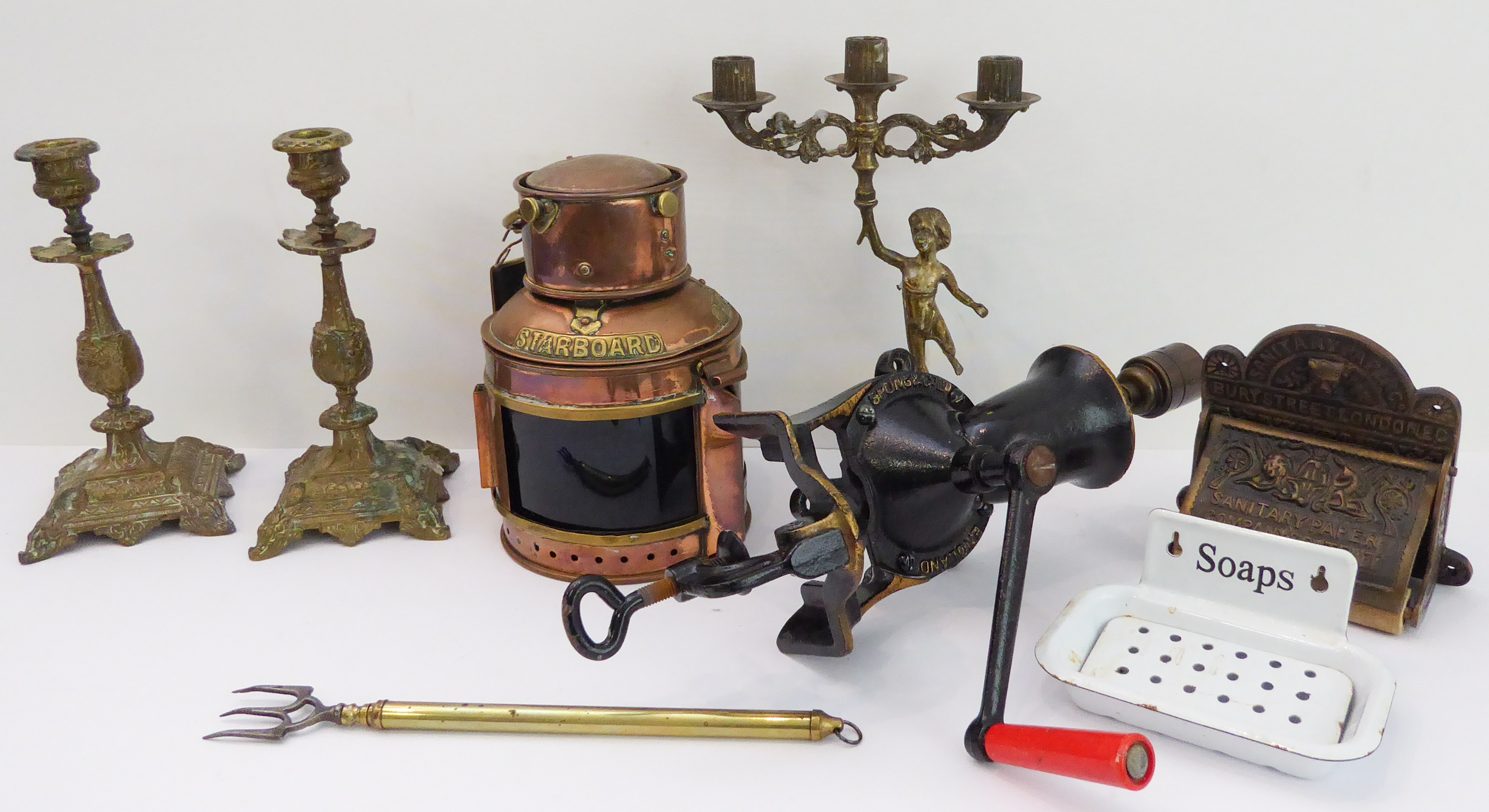 Assorted metalware to include: a heavy copper and brass ship's lamp; a pair of Italianate