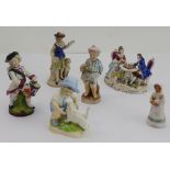 Six mostly late 19th and early 20th century hand-decorated continental porcelain figures to include: