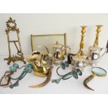 A selection of decorative ornamental metalware to include: a 40 cm easel; a pair of brass