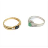 An 18-carat white gold and emerald ring together with an 18-carat gold and sapphire ring, ring sizes