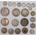 GB sterling silver coins, mostly 19th century: 1 x 1887 double florin; 4 x half-crown (2 x 1817,