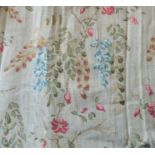 Three pairs of curtains in a heavy linen type floral fabric with green edging; pencil pleat heading,