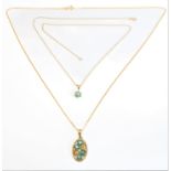 Two emerald and diamond-set pendants with 9-carat yellow gold chains: the first comprising four