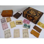 A mixed lot of card game related items: a late 19th to early 20th century pokerwork box decorated in