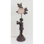 A modern bronzed table lamp in Art Nouveau style: handmade glass shade as a flowerhead with upturned