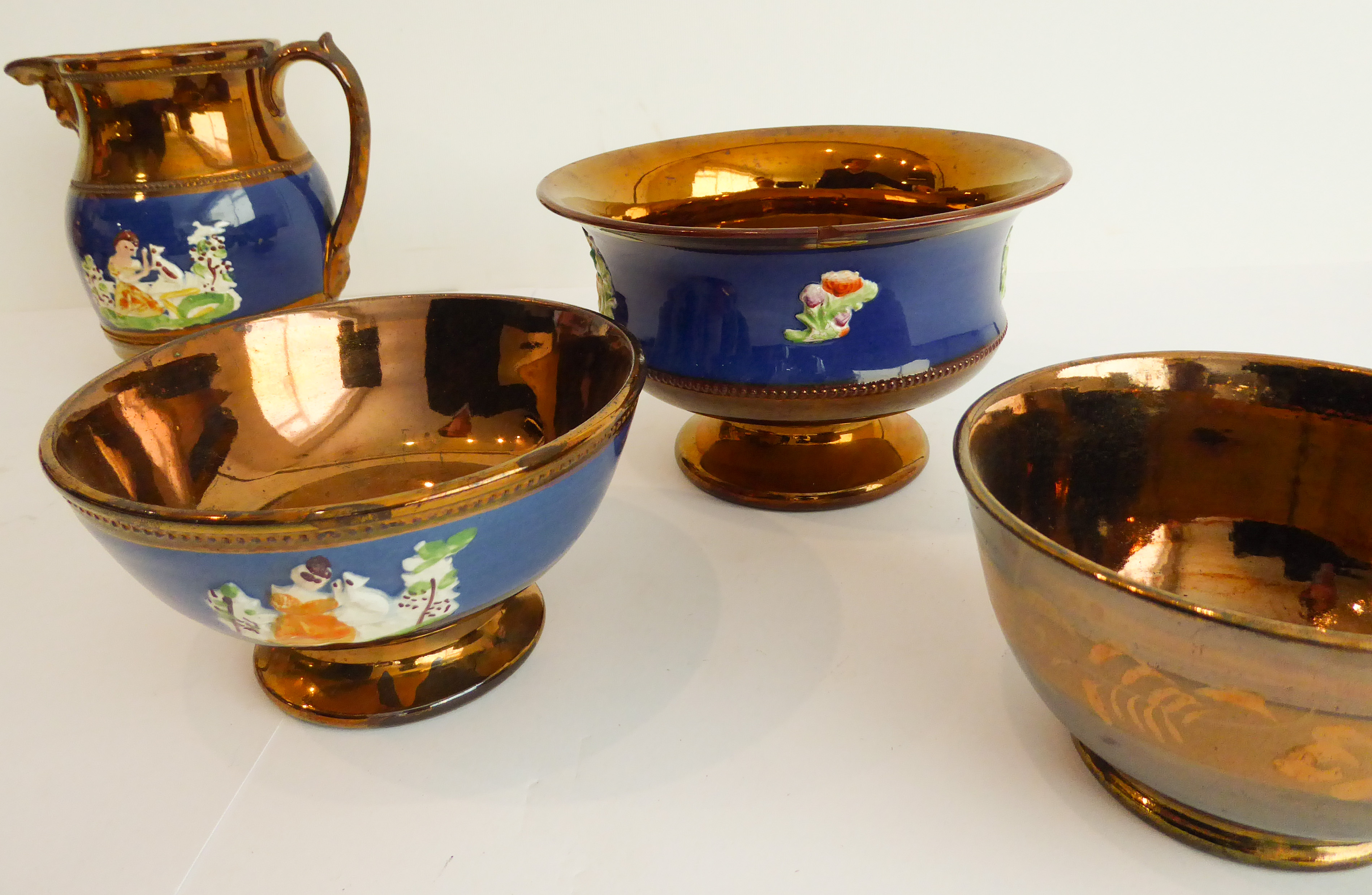 A selection of 19th century Welsh-style copper lustre comprising five jugs (the largest being 15 - Image 3 of 3