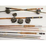 A selection of various freshwater rods and reels: the rods to include split cane, bamboo and