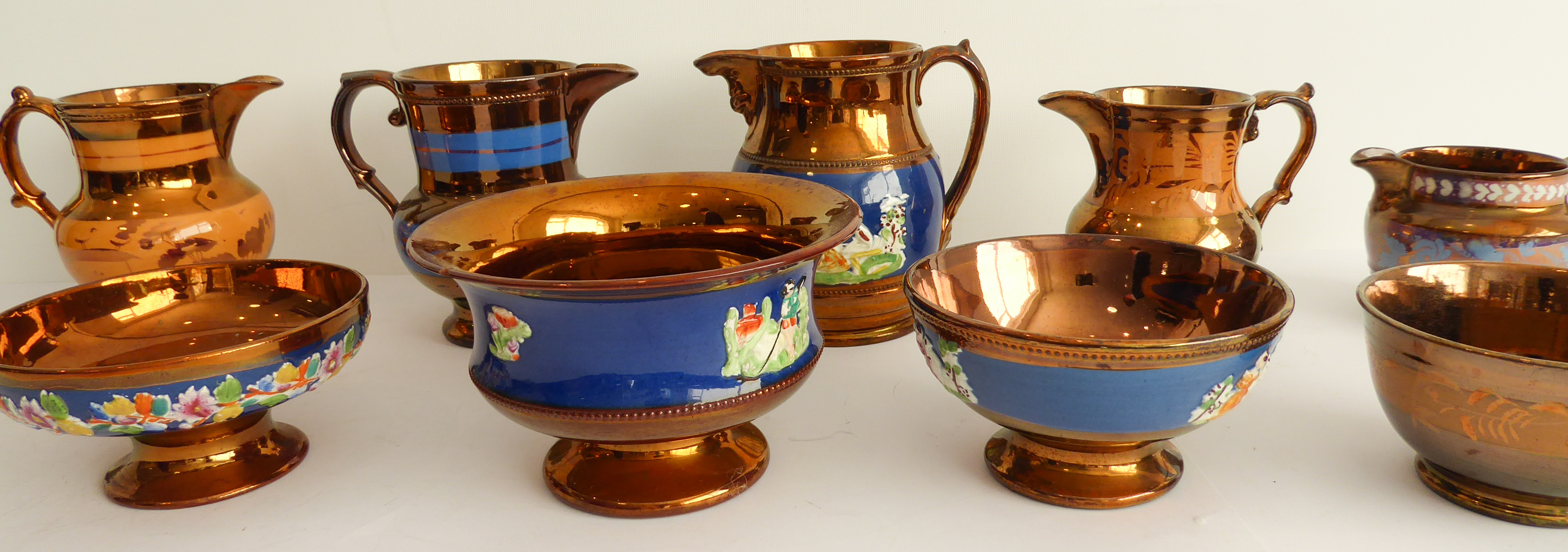 A selection of 19th century Welsh-style copper lustre comprising five jugs (the largest being 15 - Image 2 of 3