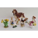 Ten mostly decorative ornaments comprising: a large Goebel spaniel (18 cm high); a Beswick terrier