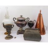 Six pieces of metalware to include: a copper and brass samovar (42 cm high); a live-bait kettle;