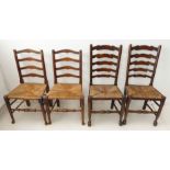 Two pairs of early 20th century ash ladderback chairs with woven rush seats