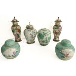 Six Chinese wares: two late 19th to early 20th century crackleware vases of elongated baluster