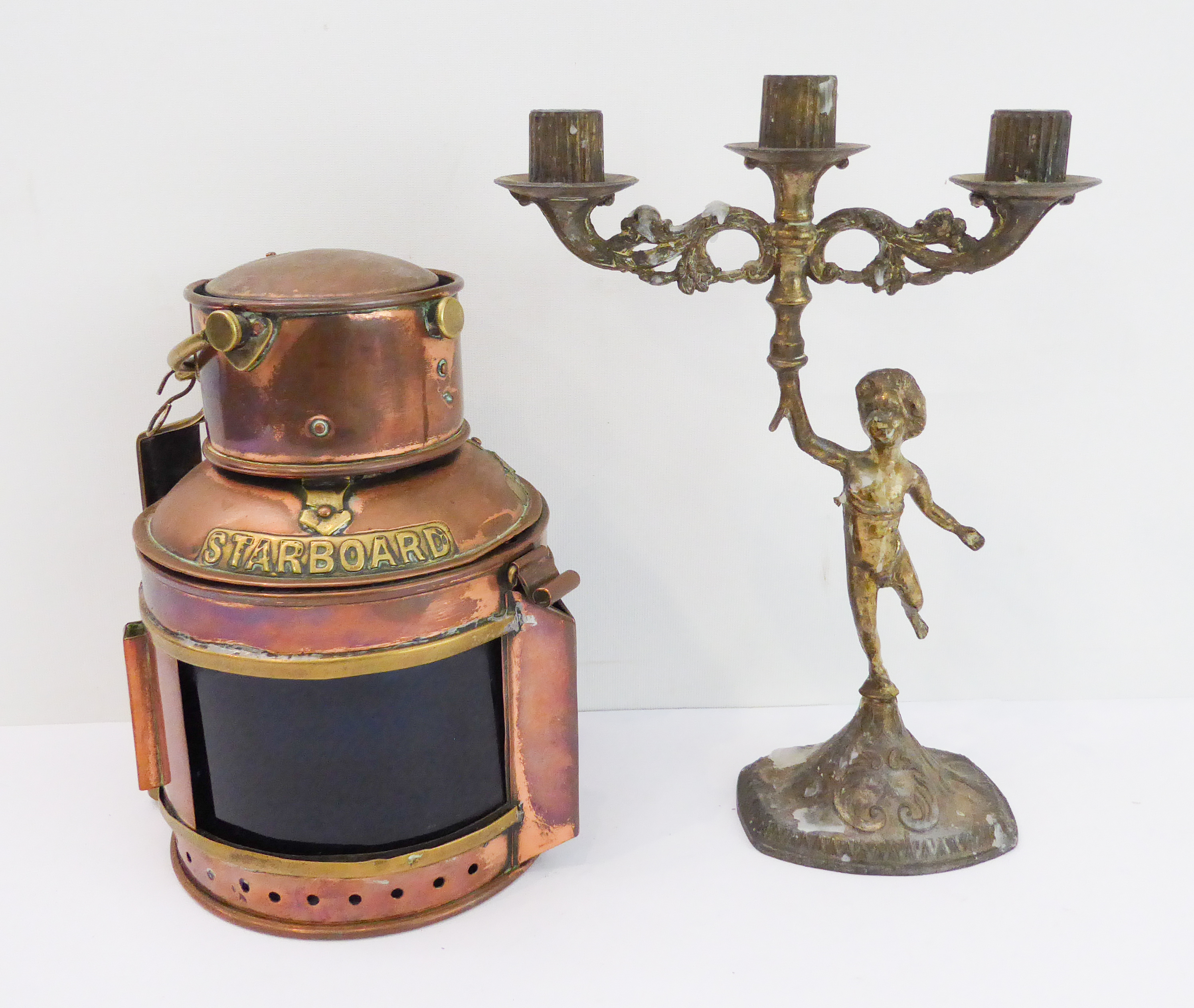 Assorted metalware to include: a heavy copper and brass ship's lamp; a pair of Italianate - Image 3 of 6