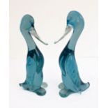 A pair of Murano style hand-made blue glass ornamental standing ducks (26cm high)