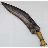 A heavy Gurkha kukri in leather scabbard (probably late 19th or early 20th century): karda missing