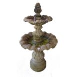 A two-tier stoneware garden fountain with pineapple finial. (67 cm wide x 122 cm high)