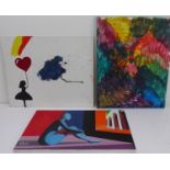 Three contemporary acrylic paintings: 'Alice with Balloon' (board size 40.5 x 50.5 cm); A.