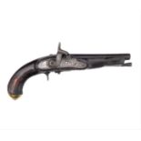 A 19th century Tower percussion pistol with 8" barrel. Later naïve decoration to the wood: crossed