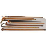 Nine walking sticks to include two with carved animal head handles and a bamboo example with