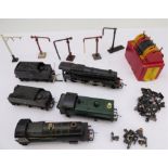 Three toy steam locomotives (2 marked Hornby), 2 coal carts, a 736 remote control distance signal, 4