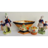 Four pieces of ceramics: a Clarice Cliff preserve pot and cover, hand-decorated in the Autumn Crocus