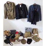 Assorted military uniforms to include: Army, Navy and Royal Air Force, together with hats, caps