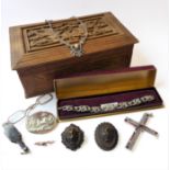 A jewellery box containing a small collection of costume jewellery etc., including an oval cameo (