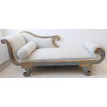 A Regency style turquoise blue painted and gilt-highlighted chaise longue: the left-hand side rest