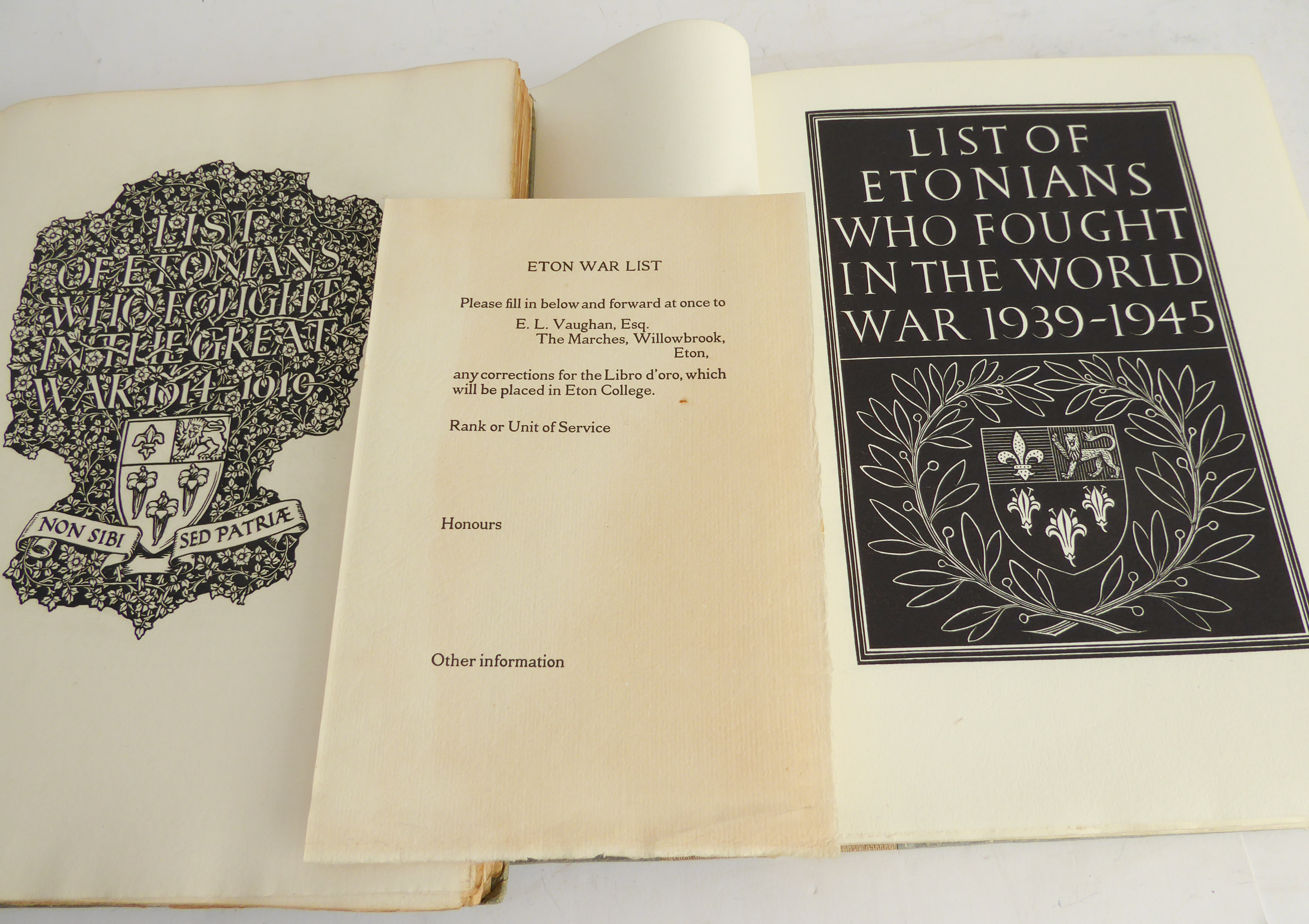 Three Eton College volumes: 'List of Etonians Who Fought in the Great War (1914-1919)' (Medici - Image 2 of 11