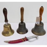 Two original wartime A.R.P. (Air Raid Precautions) hand-bells and a slightly larger hand-bell marked