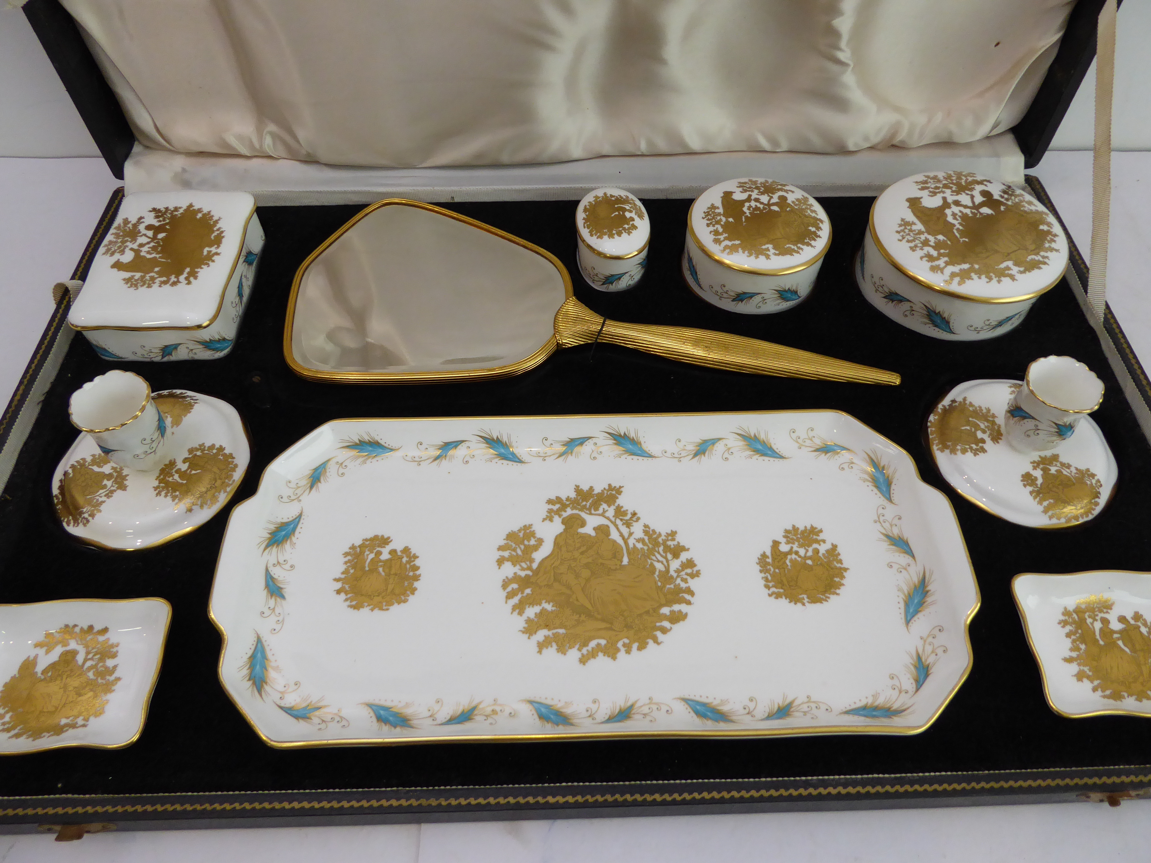 A fine ten-piece bone china dressing-table set by the Crown Staffordshire China Co. Ltd. In its - Image 3 of 5
