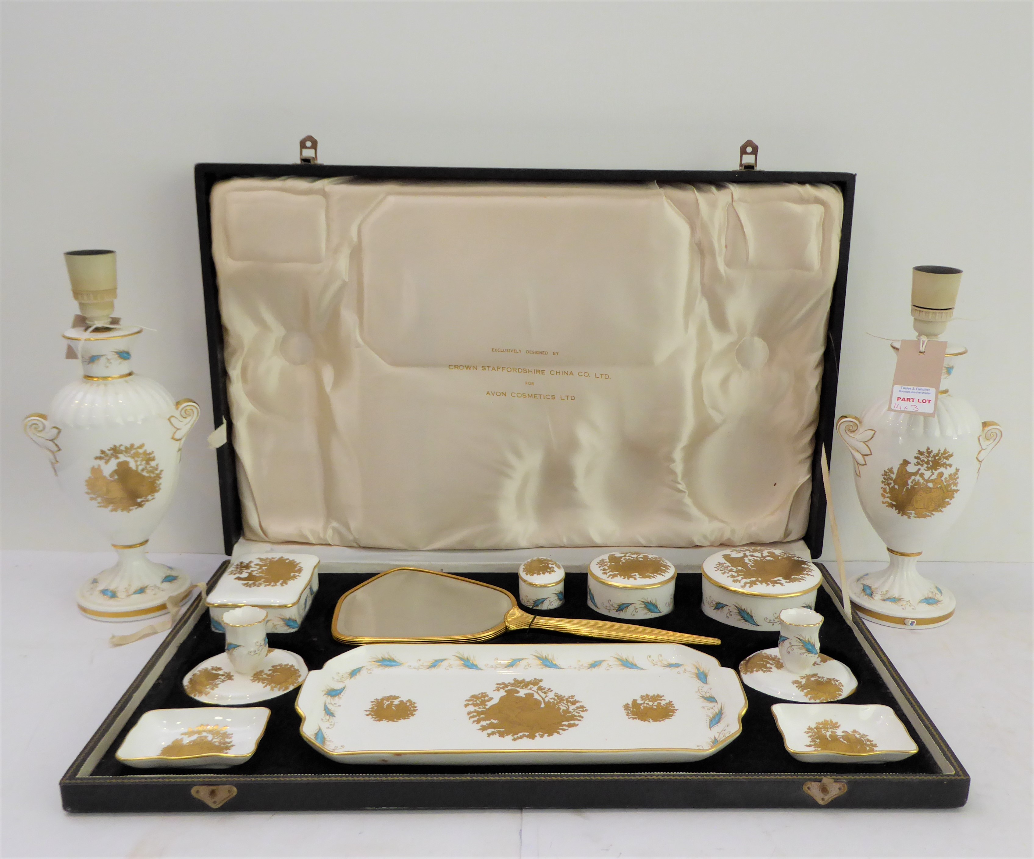 A fine ten-piece bone china dressing-table set by the Crown Staffordshire China Co. Ltd. In its