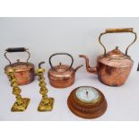 Six pieces of mostly 19th century copper and brassware: three range kettles (the largest 36 cm
