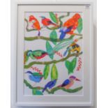 Louise Cunningham - 'Exotic Birds', colour print ( 49.5 x 34.5 cm). Glazed white box-frame.)