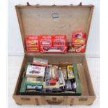 Thirty-four boxed die-cast vehicles contained in a vintage suitcase: 2 x Hot Wheels; 2 x Matchbox (