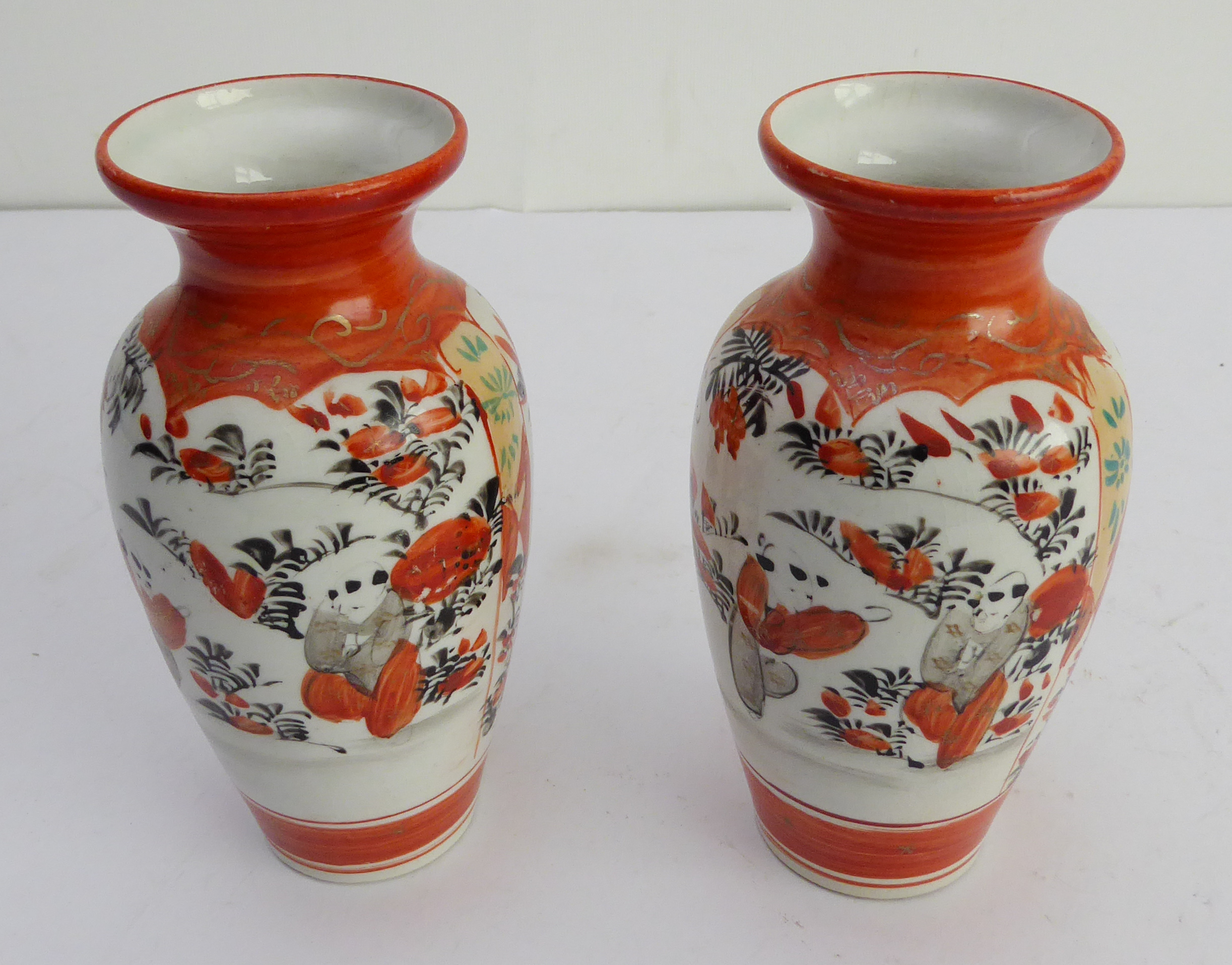 Six pieces comprising: a pair of early 20th century Japanese Kutani vases hand-decorated with - Image 6 of 7