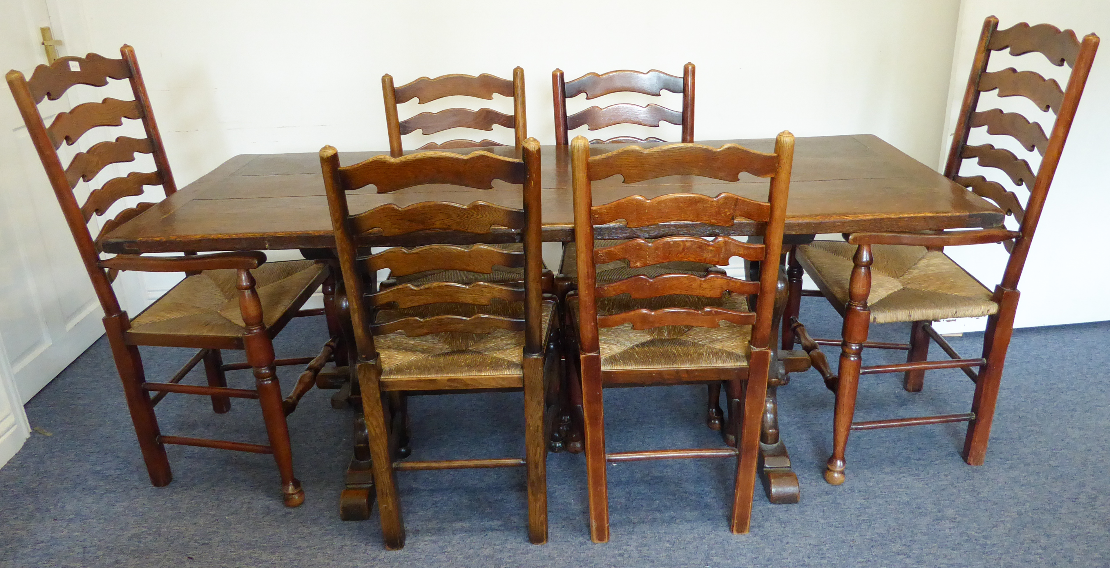 A reproduction oak refectory table (probably mid 20th century) (184cm long x 30cm deep x 68.5cm - Image 2 of 4