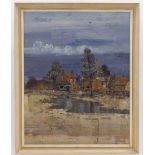 FRANCIS J. DEMPSEY (20th century) - 'Buildings with Pond to the Foreground', oil on canvas signed