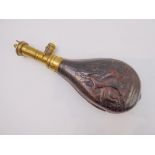 A 19th century James Dixon & Sons patent brass-mounted powder flask, the leather pouch embossed with